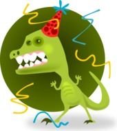 green dinosaur at a party as a graphic illustration
