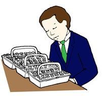 drawn businessman in front of bread for communion