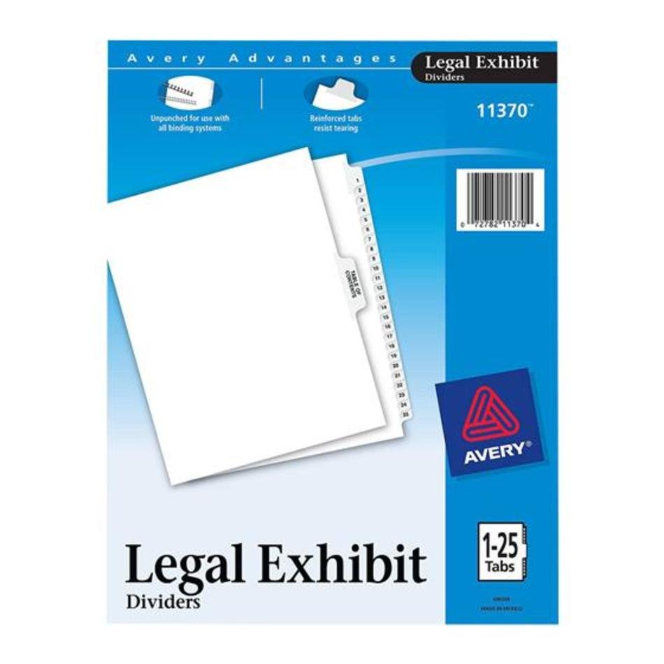 Avery 11370 Legal Exhibit Dividers 8 1 2 X 11 Quot 25 Tab