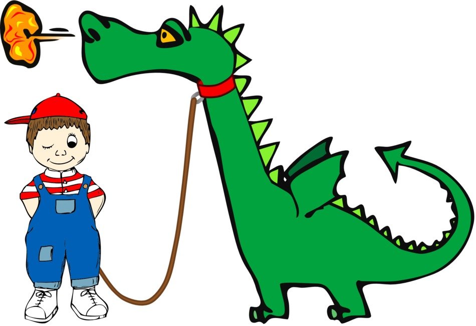 cartoon child Boy wit Dragon on leash
