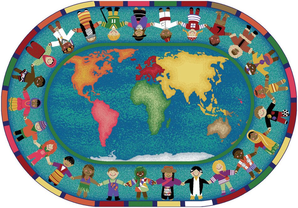 carpet with the image of children around the planet