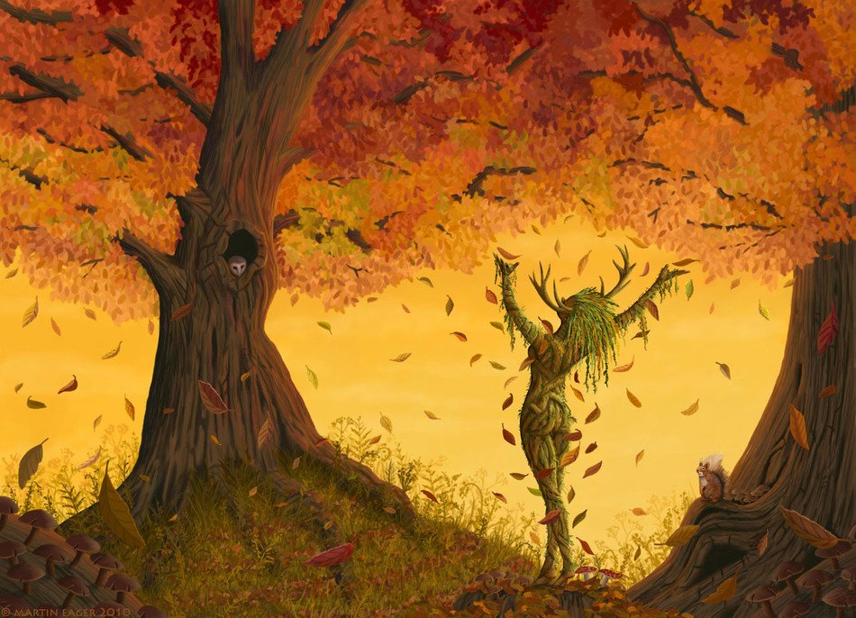 girl under the falling yellow leaves