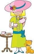 drawing of Little Girl in Dress with cat