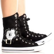 Black White Canvas Graphic Print Lace Up Hi Top Women Flat Sneakers
