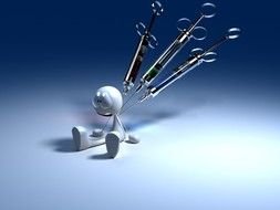 three syringes in back of abstract person, 3D render