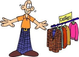 happy cartoon man at clothes on rail hanger