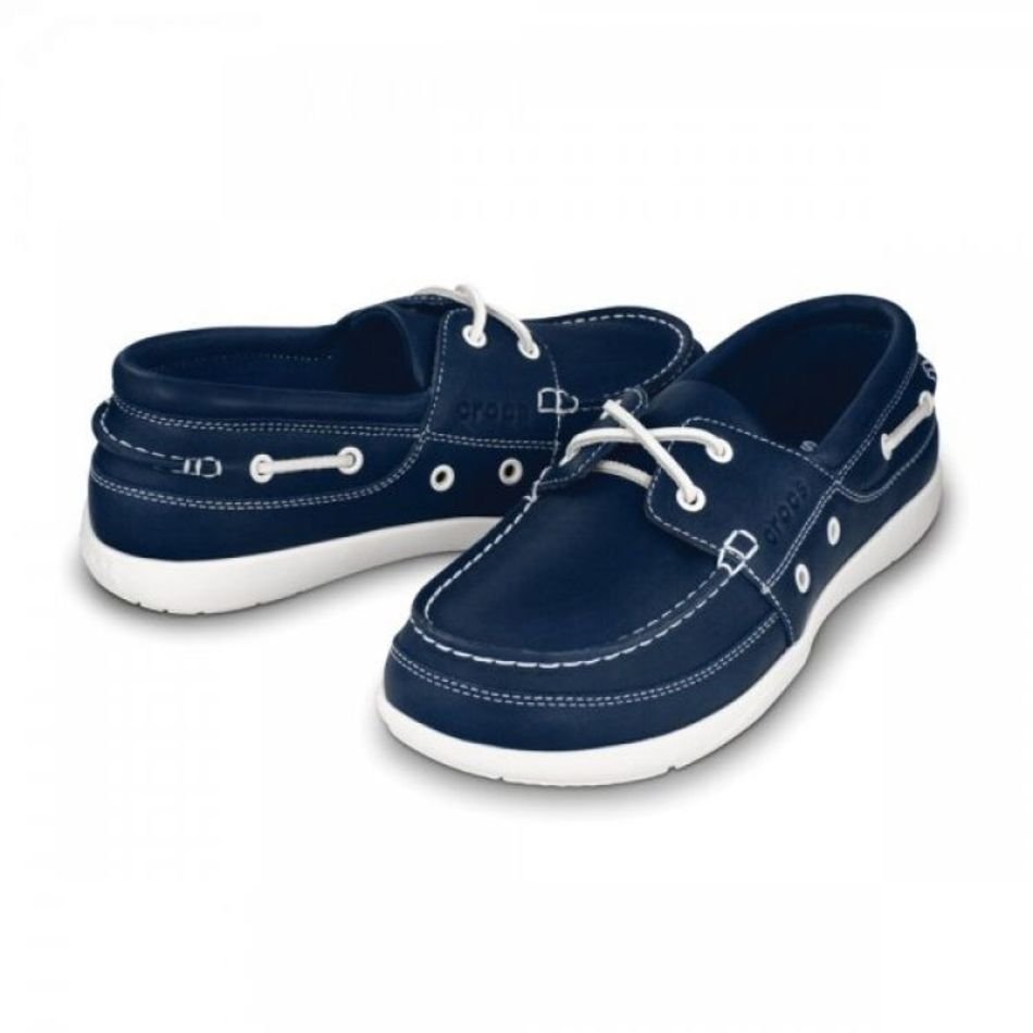 Harborline Navy White Lace Up Leather Boat Shoe Croslite Resimleri