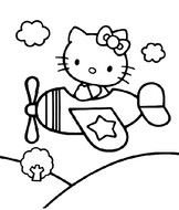 Hello Kitty on airplane in flight, coloring page