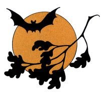 drawn bat and branch against the background of the orange moon