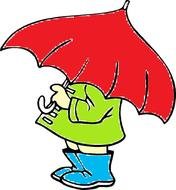 cartoon person in rain boots under red umbrella