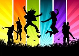 silhouettes of dancing people on a rainbow background