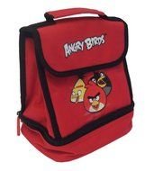 red backpack with a pattern of angry birds