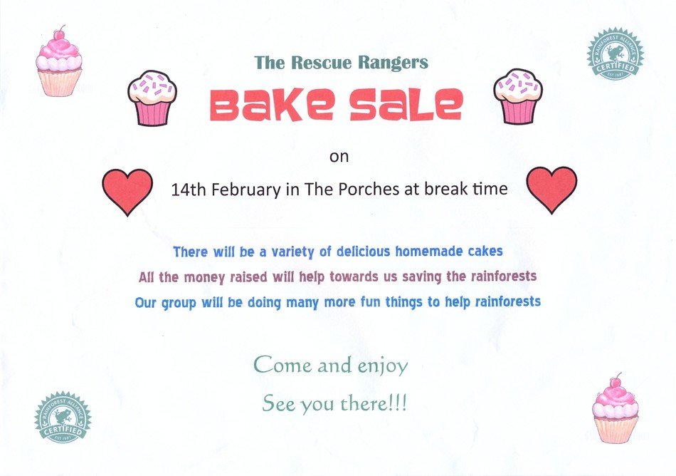 Cake Sale for rainforests, poster of resque rangers group