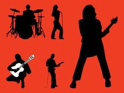 silhouettes of musicians on a red background