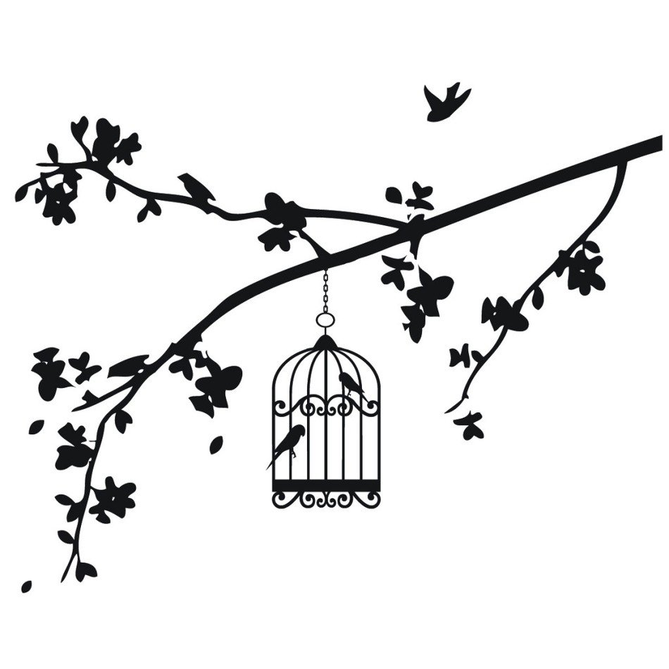 Black And White Drawing Of Birds in Cage on branch