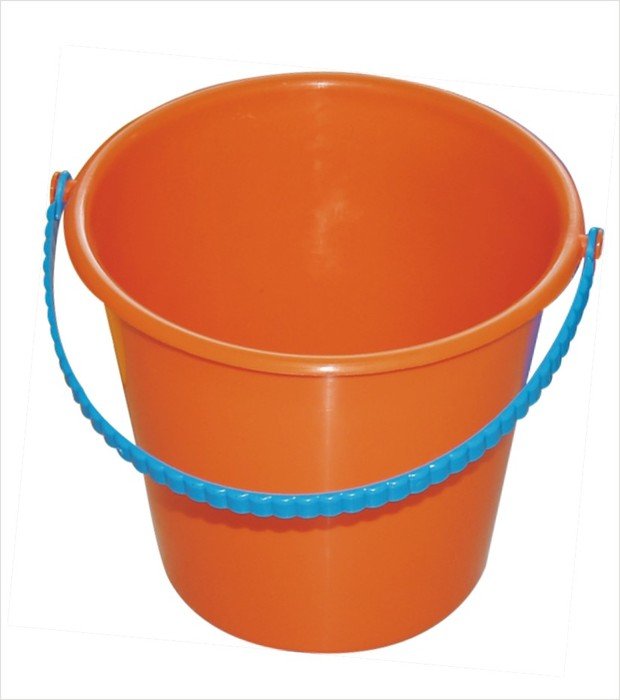 photo of orange bucket and blue pen
