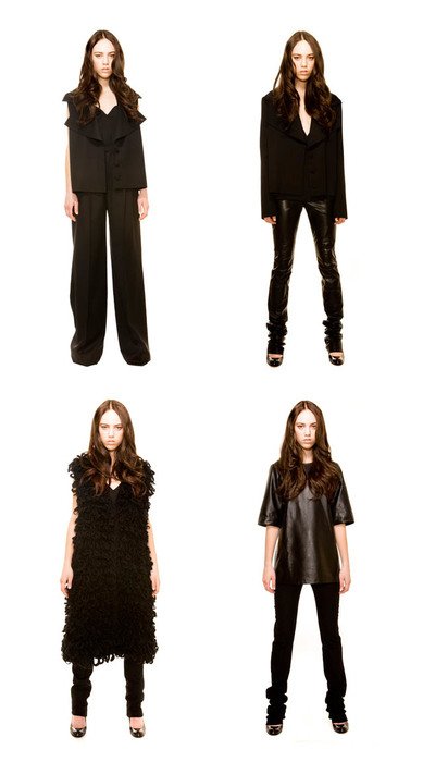 four photos of the model in black suits