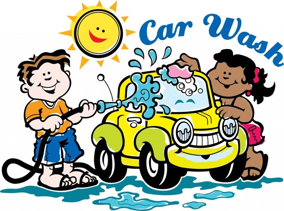 cartoon happy man and woman washing car