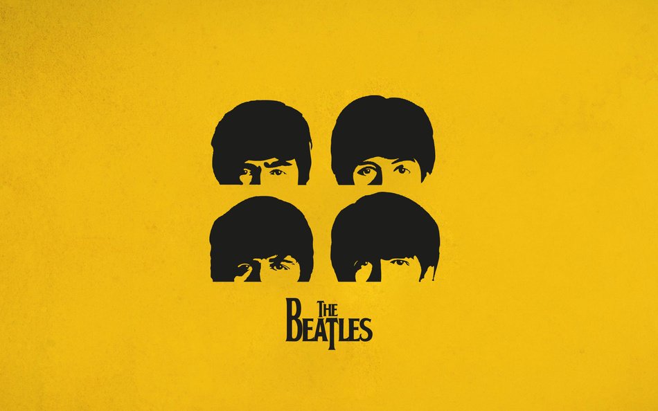 the Beatles, black drawing at yellow background