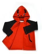 red-black jacket with horns on the hood