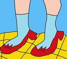 cartoon female feet in red shoes on yellow tail surface