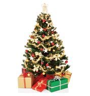 decorated christmas tree with gifts on a white background