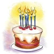 birthday cake with burning candles, drawing