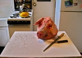 pork head on the kitchen table