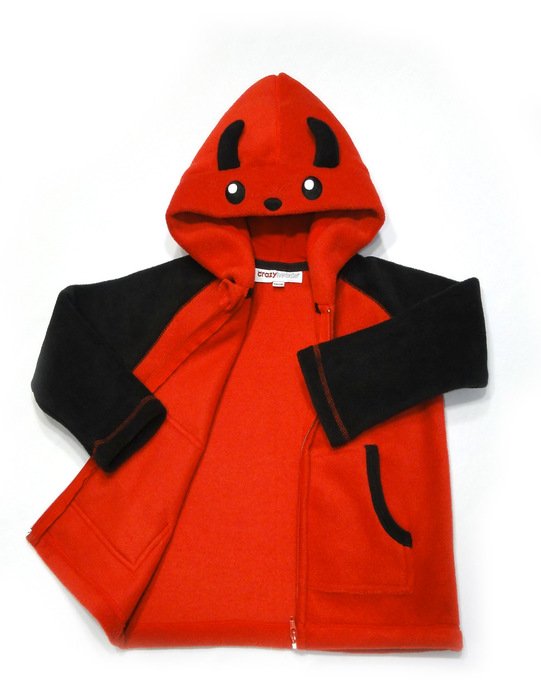 red-black jacket with horns on the hood