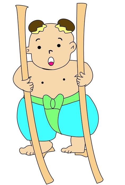 cartoon asian boy on stilts