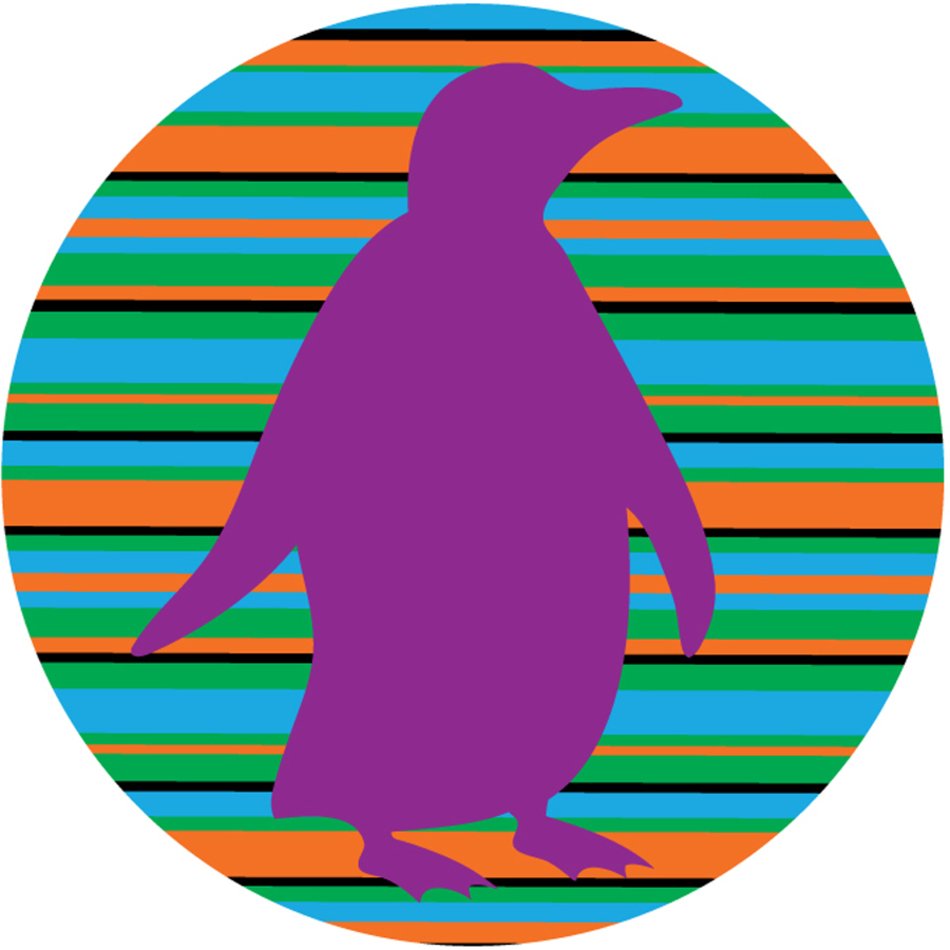 purple penguin silhouette at colorful striped circle, drawing