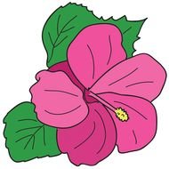 painted pink flower with green leaves on a white background