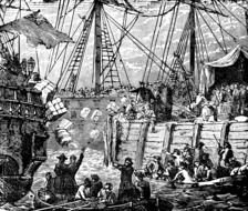 black and white picture of Boston tea party