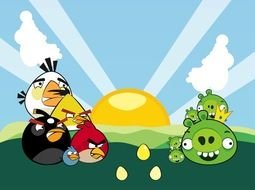 drawn angry birds on a green meadow