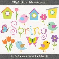 Digital Bird Clipart Purple Butterfly Graphic Green Birdhouse Pink