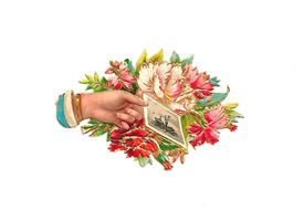 victorian art, female hand with card and Bouquet