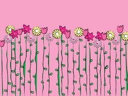 painted tall spring flowers on a pink background