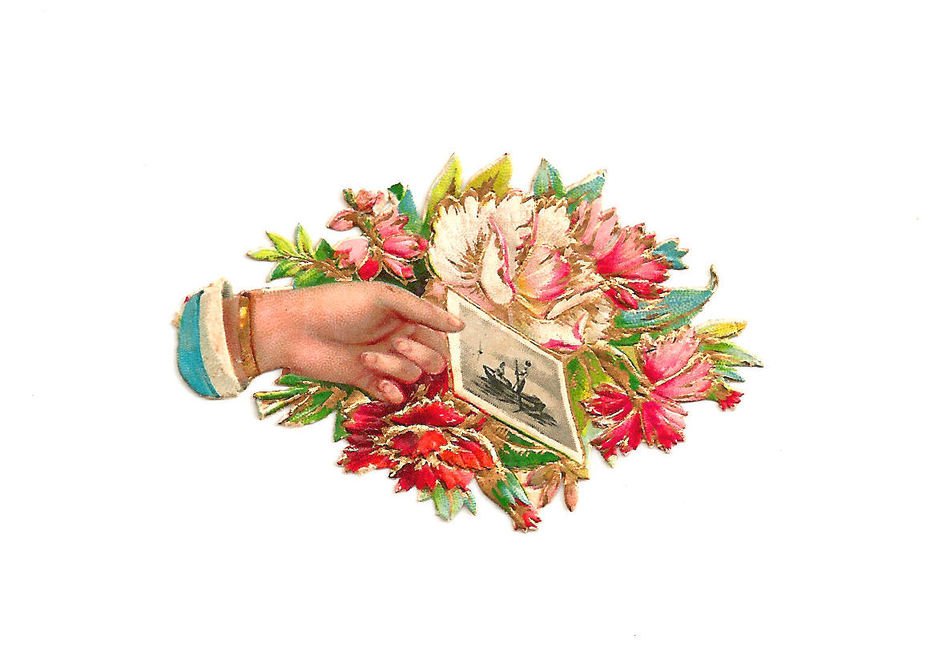 victorian art, female hand with card and Bouquet