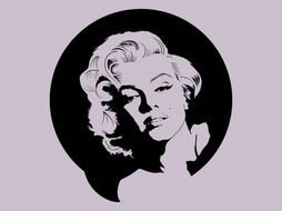 black portrait of Marilyn Monroe on a light purple background