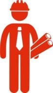 red silhouette of a builder on a white background