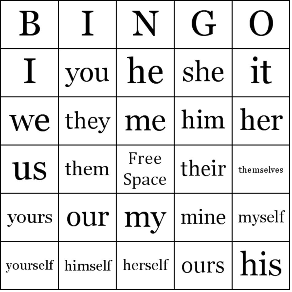Pronouns List Printable