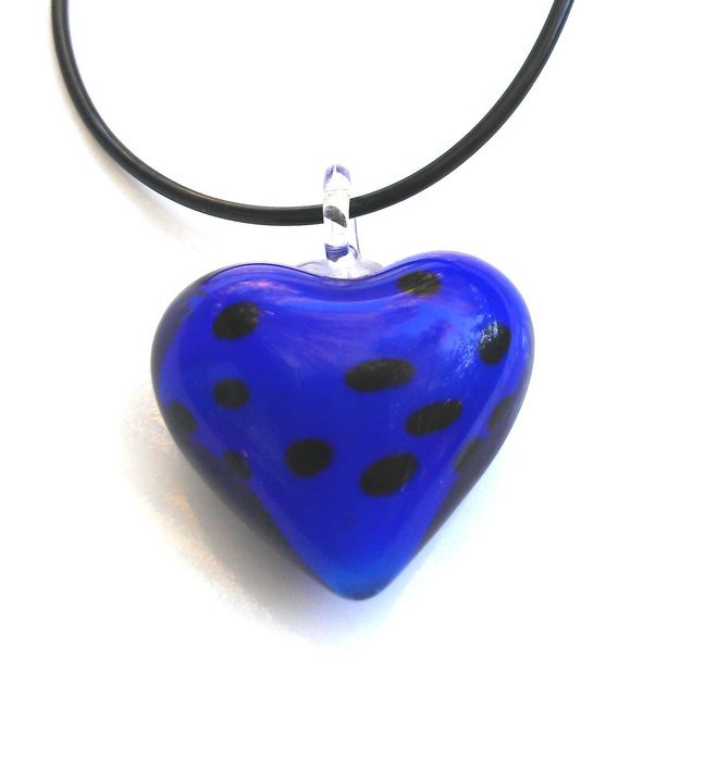 blue glass heart with black spots, necklace, Tween Girl Gift