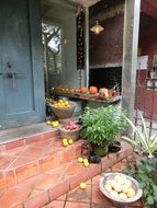 potted plants and fruits on steps in front of fruit shop door