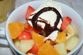 ice cream with fruits and liquid chocolate in a white bowl close-up