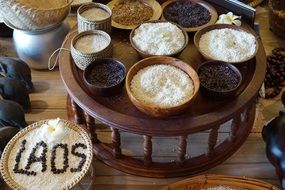 laos cereals in wooden dishes