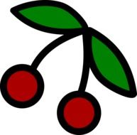 Picture of red cherries with green leaves with black outline at white background