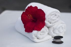 three rolled white towels with a red flower and pebbles