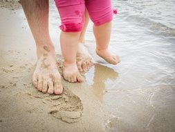 baby's and woman's foots on wet sand