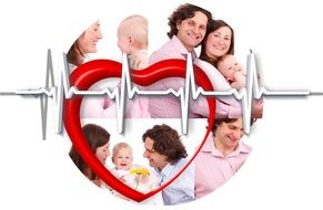 banner with the picture of a pulsating heart on the background of happy family moments