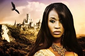 portrait of a magical african girl on the background of the castle